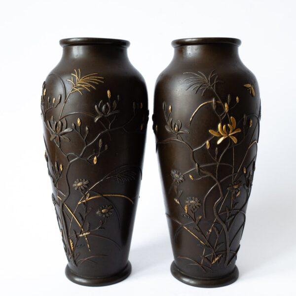 Antique Japanese Mixed Metal Gold Inlay Vases With Flowers and Butterflies