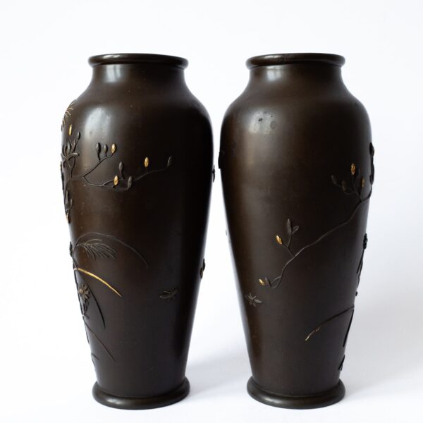Antique Japanese Mixed Metal Gold Inlay Vases With Flowers and Butterflies
