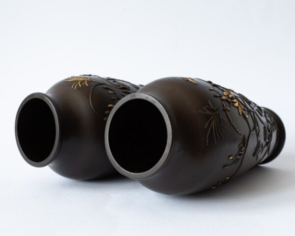 Antique Japanese Mixed Metal Gold Inlay Vases With Flowers and Butterflies