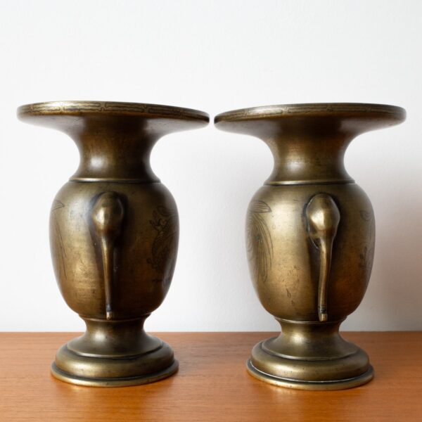 Antique Japanese Silver Inlaid Bronze Usubata Vases Elephant Handles
