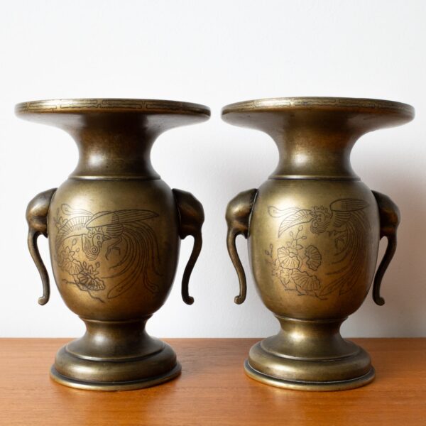 Antique Japanese Silver Inlaid Bronze Usubata Vases Elephant Handles