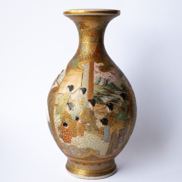 Fine Antique Japanese Meiji Period Satsuma Pottery Vase With Figures by Takadera