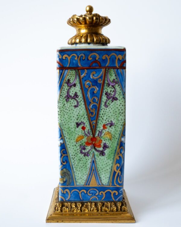 Chinese Antique Clobbered Blue White Porcelain Bottle With Ormolu Mounts. 18th-19th Century