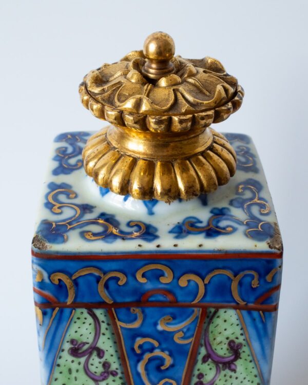 Chinese Antique Clobbered Blue White Porcelain Bottle With Ormolu Mounts. 18th-19th Century