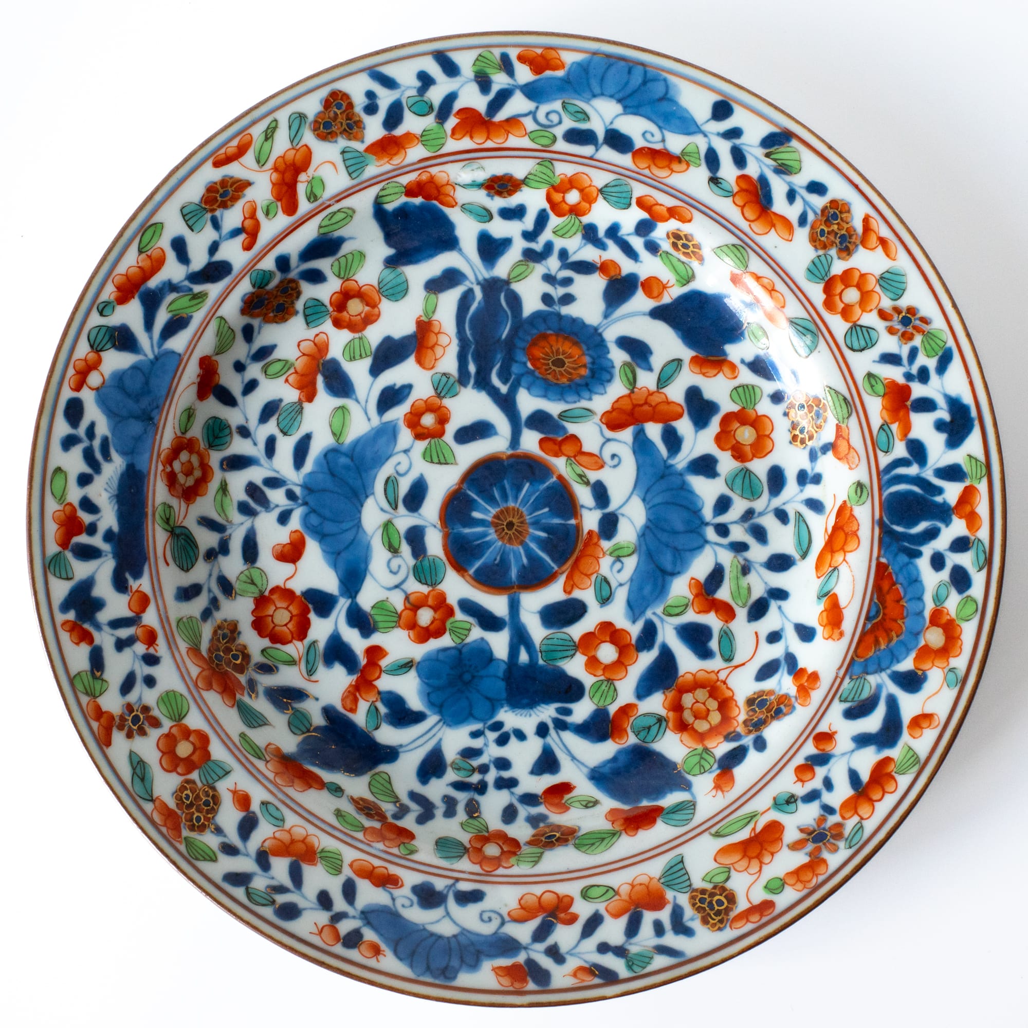 Chinese Antique Clobbered Blue and White Porcelain Floral Dish 18th-19th C Qing