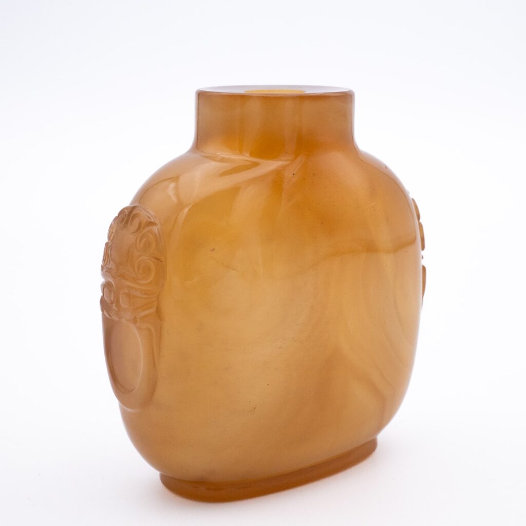 Fine Chinese Antique Vintage Agate Snuff Bottle With Mask Handles 19th - 20th C