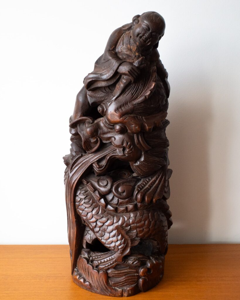 LARGE Chinese Vintage Bamboo Root Statue Man Riding on a Dragon 20thC 39cm 15.4"