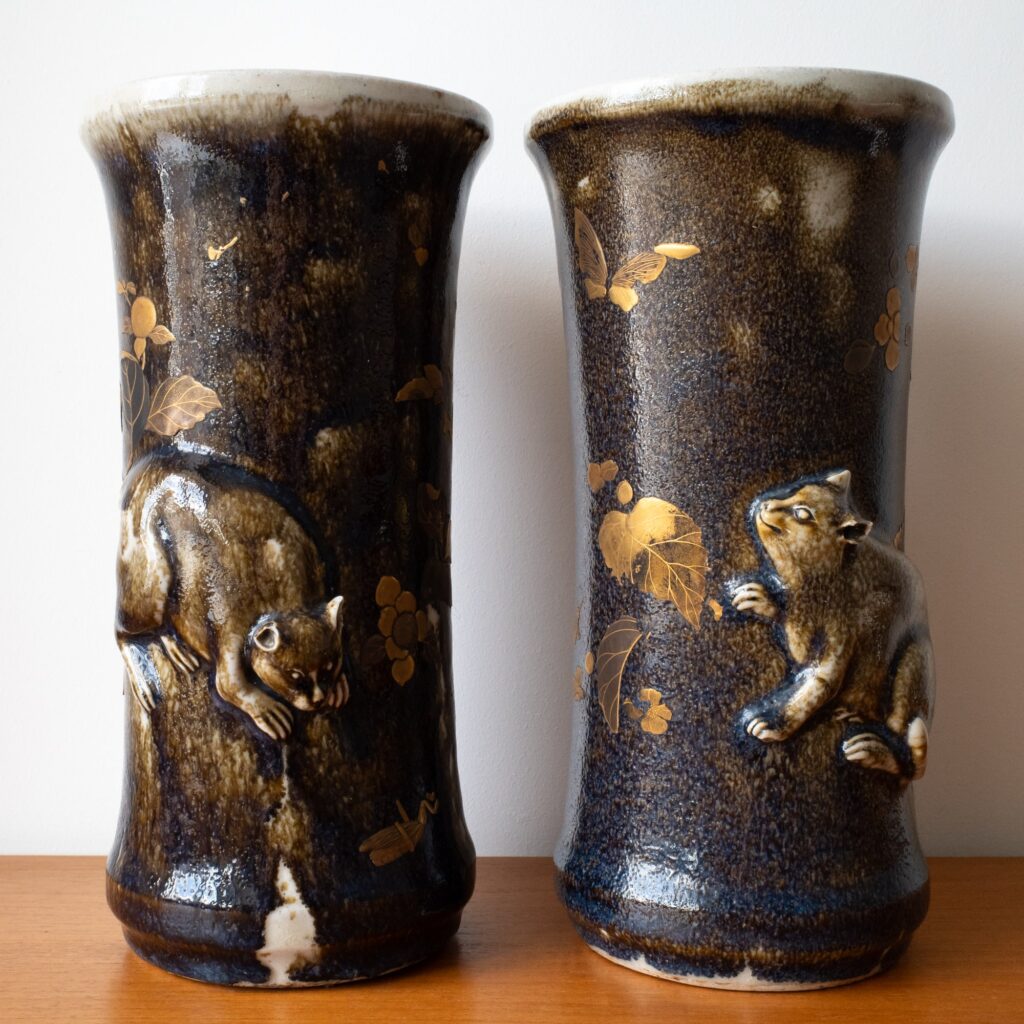 Fine Antique Japanese Meiji Relief Decorated Gilt Lacquered Porcelain Vases RARE