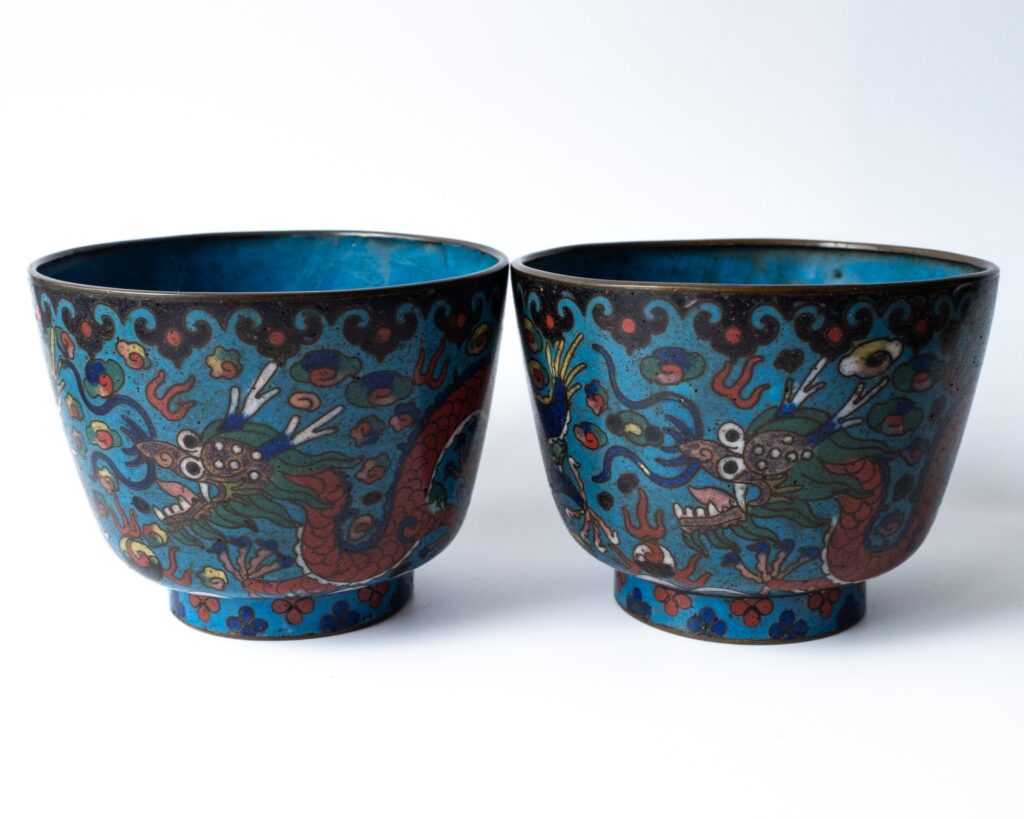 Fine Chinese Antique Cloisonne Enamelled Dragon Bowls Cups Late Qing or Republic
