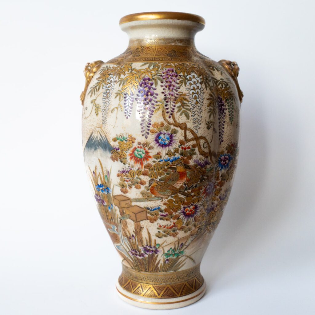 Antique Japanese Meiji Taisho Satsuma Pottery Vase With Mask Handles by Hododa