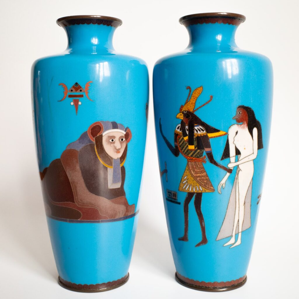 Fine Antique Japanese Meiji Taisho Cloisonne Vases With Egyptian Figures Sphinx