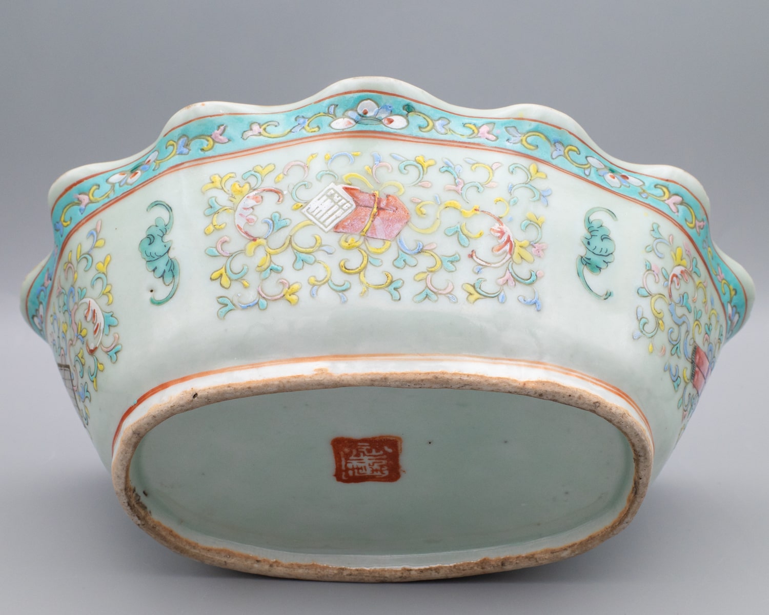 Chinese Antique Celadon Glazed Famille Rose Porcelain Bowl Late Qing Dynasty