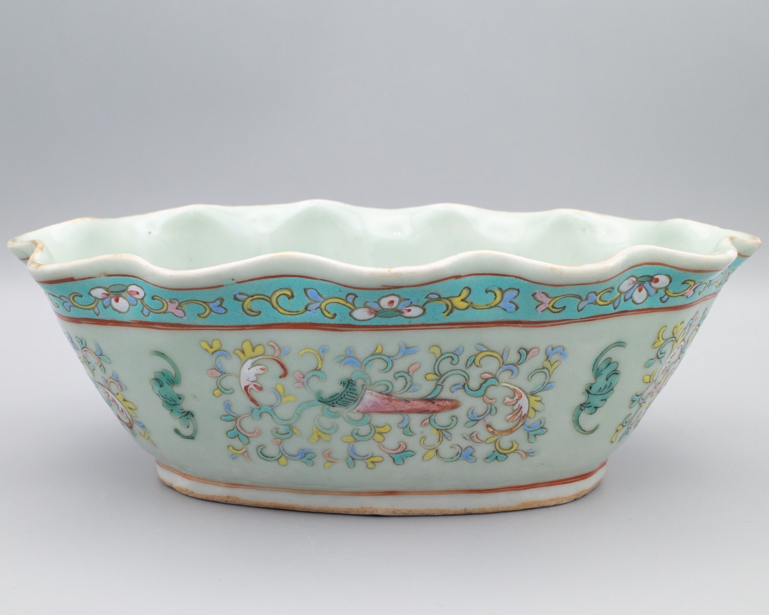Chinese Antique Celadon Glazed Famille Rose Porcelain Bowl Late Qing Dynasty