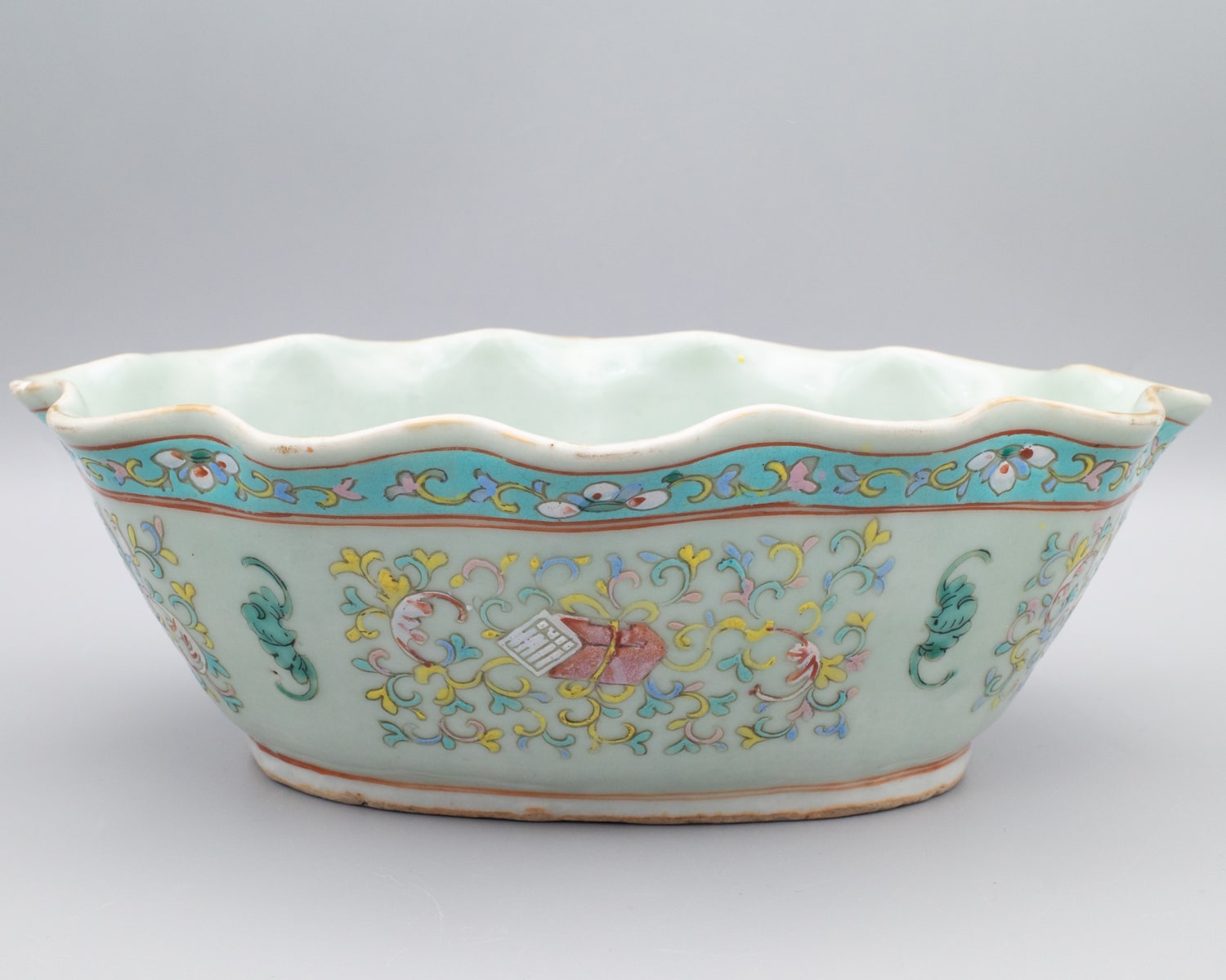 Chinese Antique Celadon Glazed Famille Rose Porcelain Bowl Late Qing Dynasty