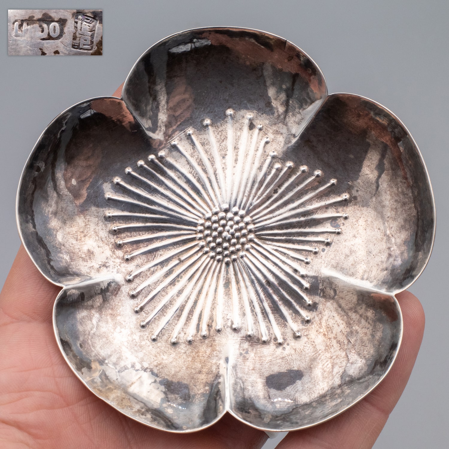 Chinese Antique Solid Silver Prunus Flower Dish by Tong Ji for Luen Hing
