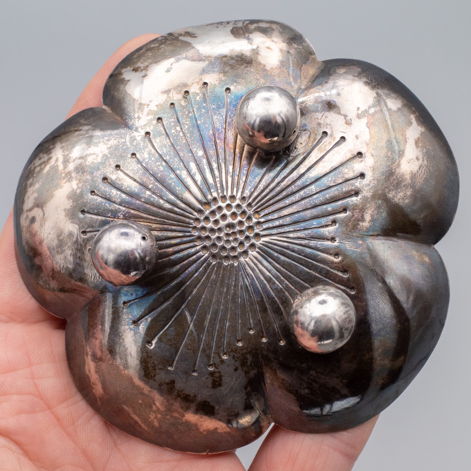 Chinese Antique Solid Silver Prunus Flower Dish by Tong Ji for Luen Hing