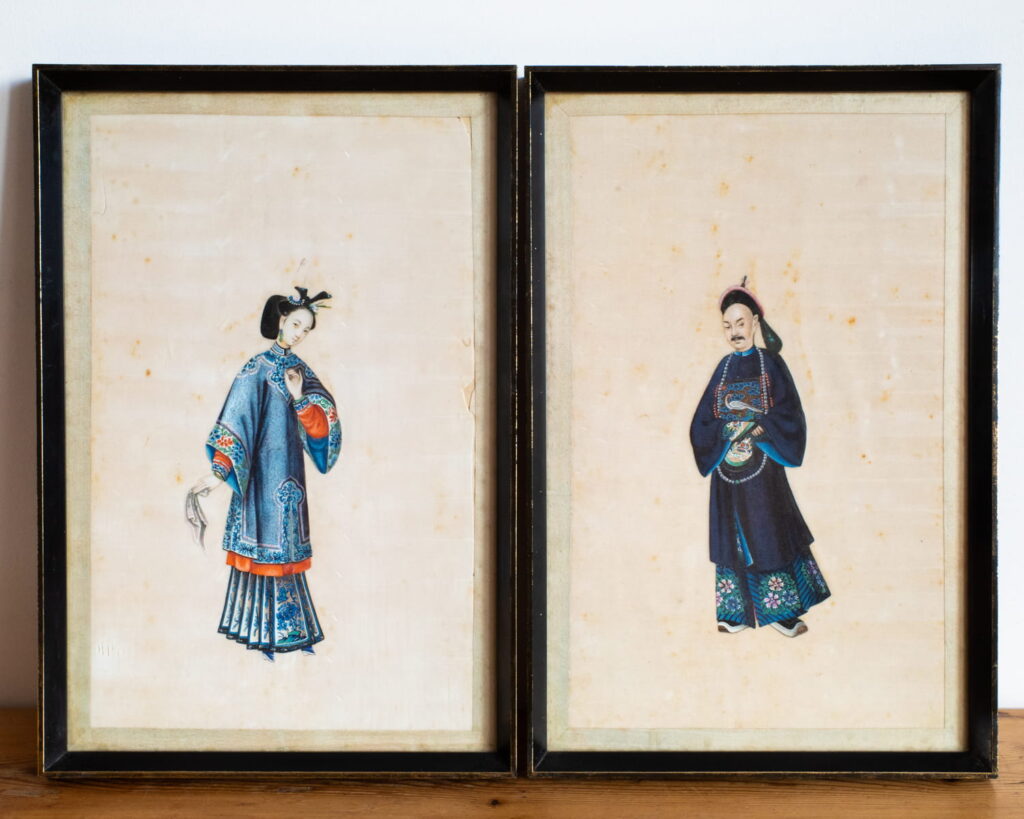 Fine Pair Chinese Antique 19th Century Qing Export Pith Paper Gouache Paintings